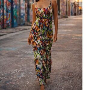 New Directions Abstract Print Maxi Dress Colorful Strappy Bodycon M